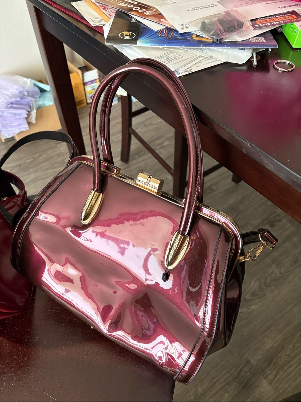 Amazon Glossy Maroon Patent Shoulder Satchel with Gold Hardware